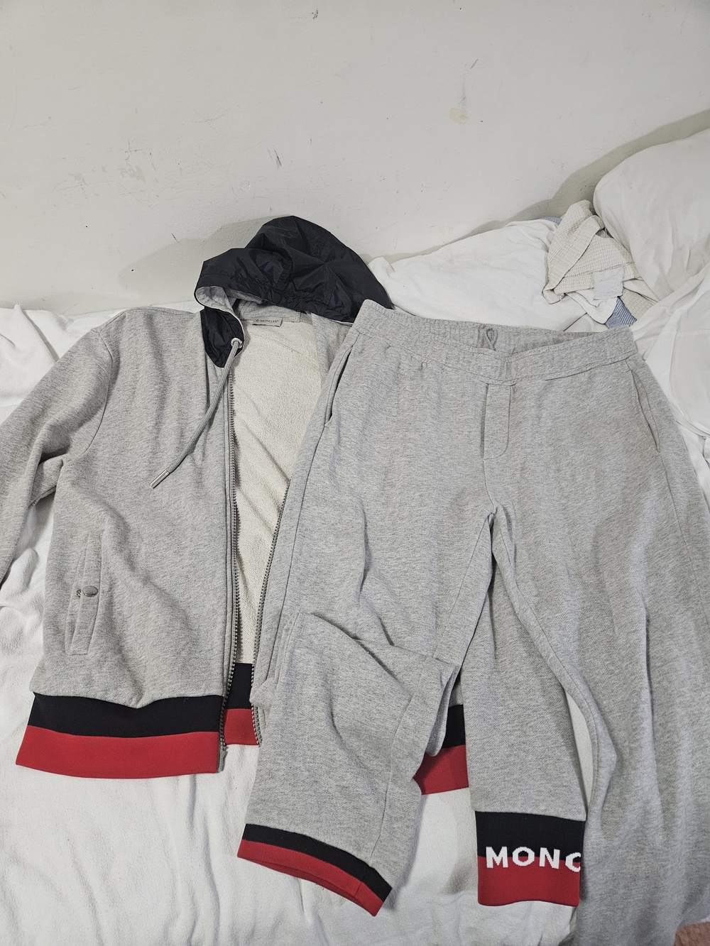 Moncler Grey Zip-Up Sweater with Black & Red Trim